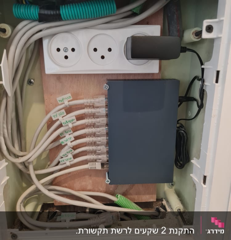 ארון תקשורת עם כבלים ומפצל רשת